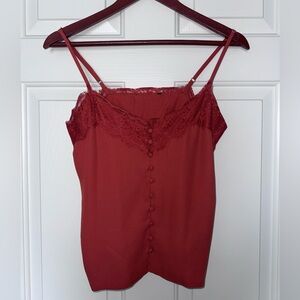 Women's Lace-Trim Button Front Cami Top - Deep Red